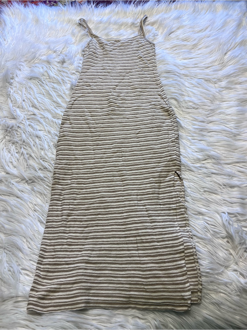 Ghanda Beige & White Striped Spaghetti Strap Dress
